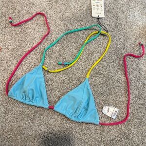 Light Blue Triangle Bikini Top with Pink, Yellow & Teal Straps